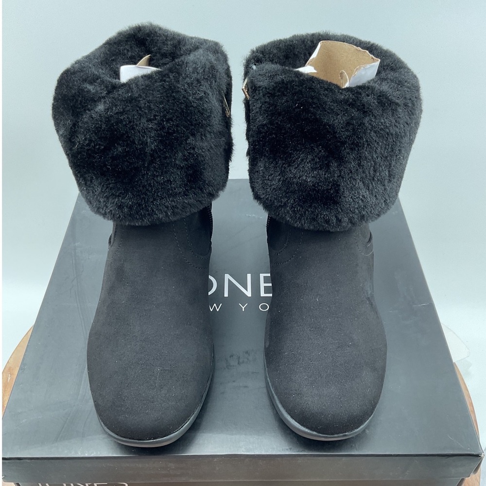 Jones New York Carlyta Black Faux Fur Trim Wedge Ankle Boots Womens 6M
